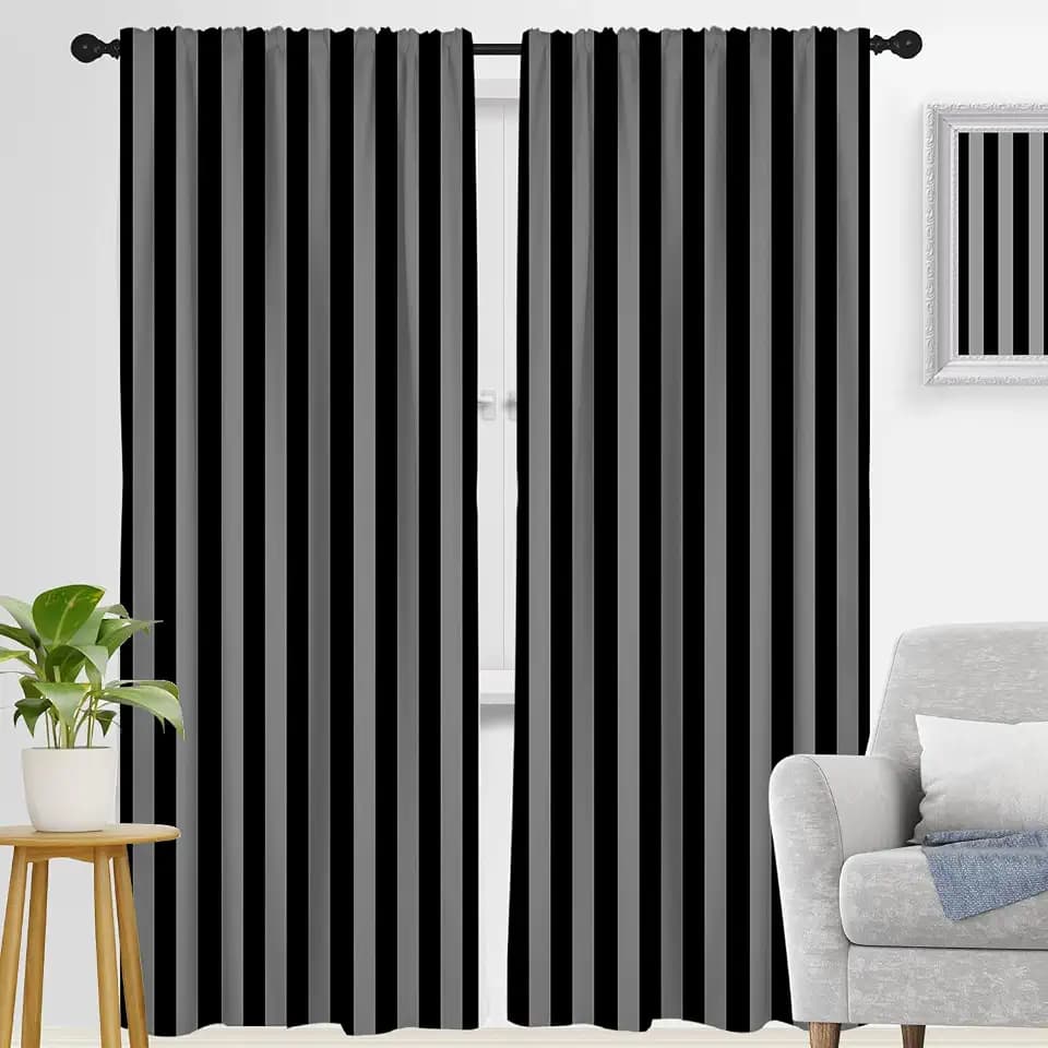 zokyer Striped Black and Grey Window Curtain Long Gray Dark Farmhouse Nursery Modern Neutral Mens Boys Teen Goth Simple Art Maximalist 42" W x 84" L for Bedroom Living Room 2 Panels Rod Pocket Drapes