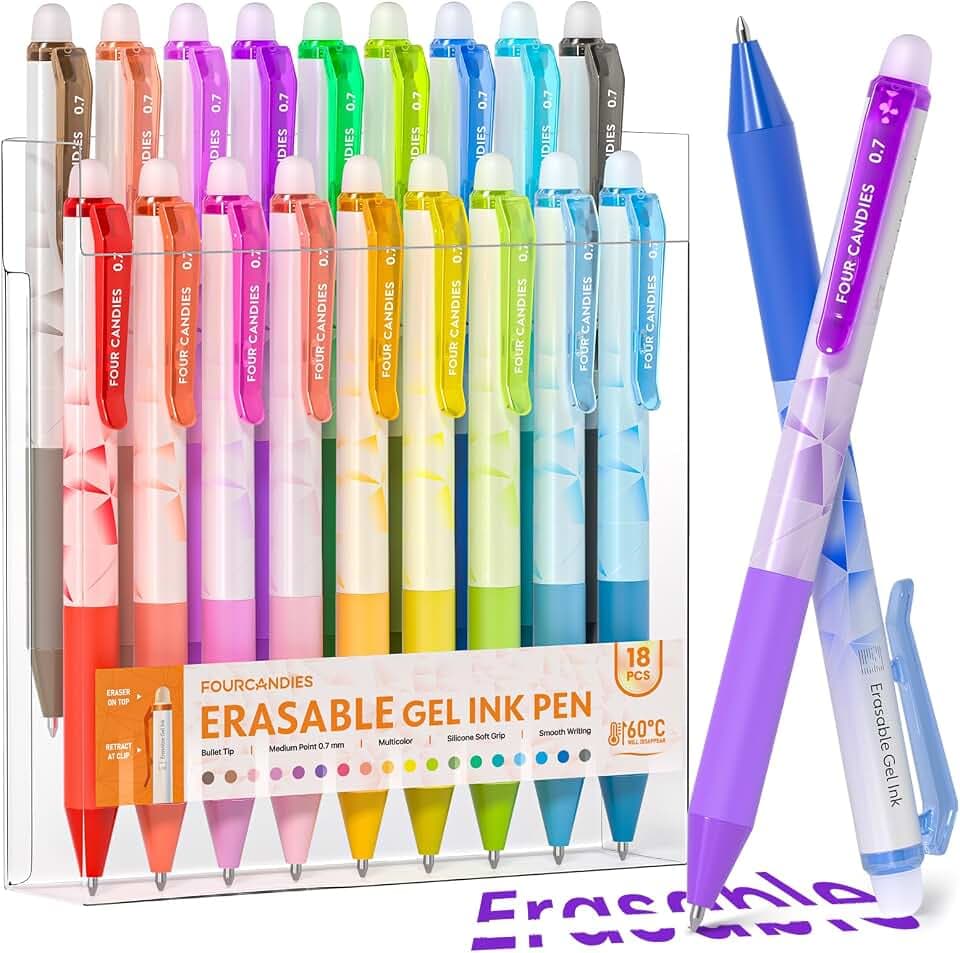 Four Candies Erasable Gel Pens, 0.7 mm Fine Point Pens, 18 Assorted Colors