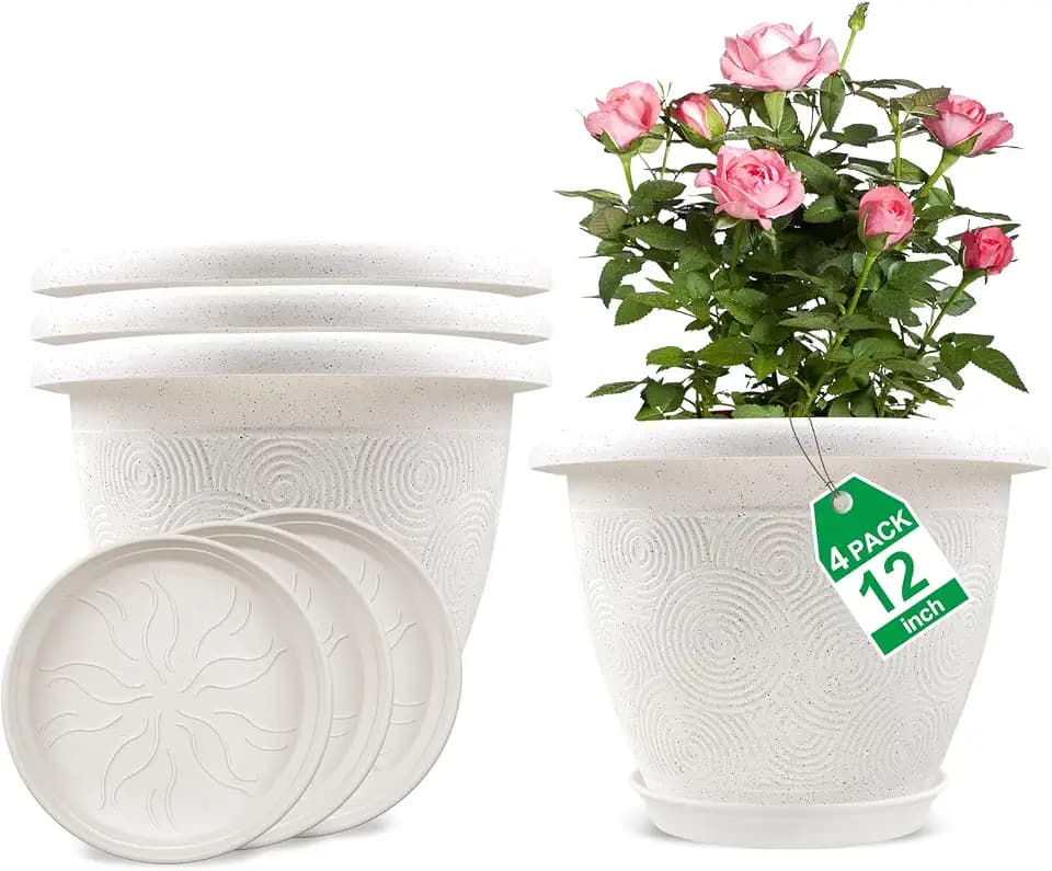 Plastic Flower Pots Planters For Indoor Plants, 4 Pack 12 Inch White Plant Pots With Drainage Hole & Tray, Modern Decorative Large Plant Pot With Saucer For Indoor Outdoor Plants Garden House Planter
