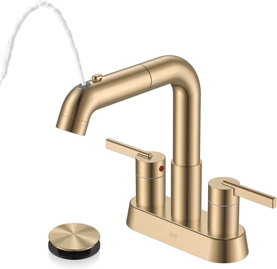 KENES Champagne Bronze Pull Down Centerset Bathroom Faucet 3 Hole 2 Handle