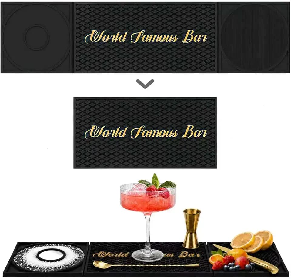 Bar Mat 3-in-1 Non-Slip Bartender Mat, Bar Accessories Countertop Mat 24 x 6 Inch with Spill Catching Surface, Bar Drip Mat for Home, Outdoor & RV Bar Setup（Black）