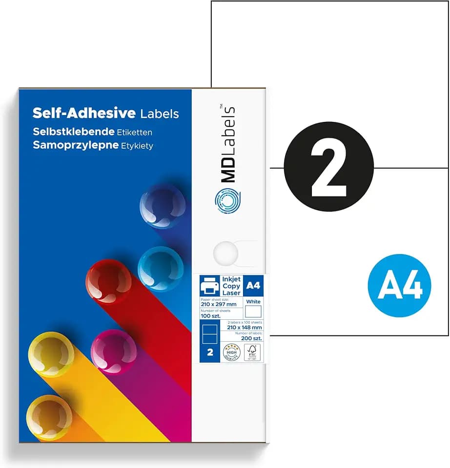 MDlabels Universal Etiketten DIN A4 210x148mm, 200 Etiketten- Mattes Papier Klebeetiketten – bedruckbare - Weiß - Versandetiketten selbstklebend