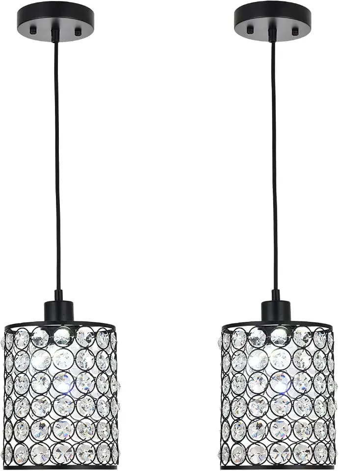 Modern Crystal Pendant Light Kitchen Island 2 Pack,Chandelier Pendant Lights with Adjustable Long Cord,Black Hanging Crystal Ceiling Pendant Lights for Living Room Bedroom