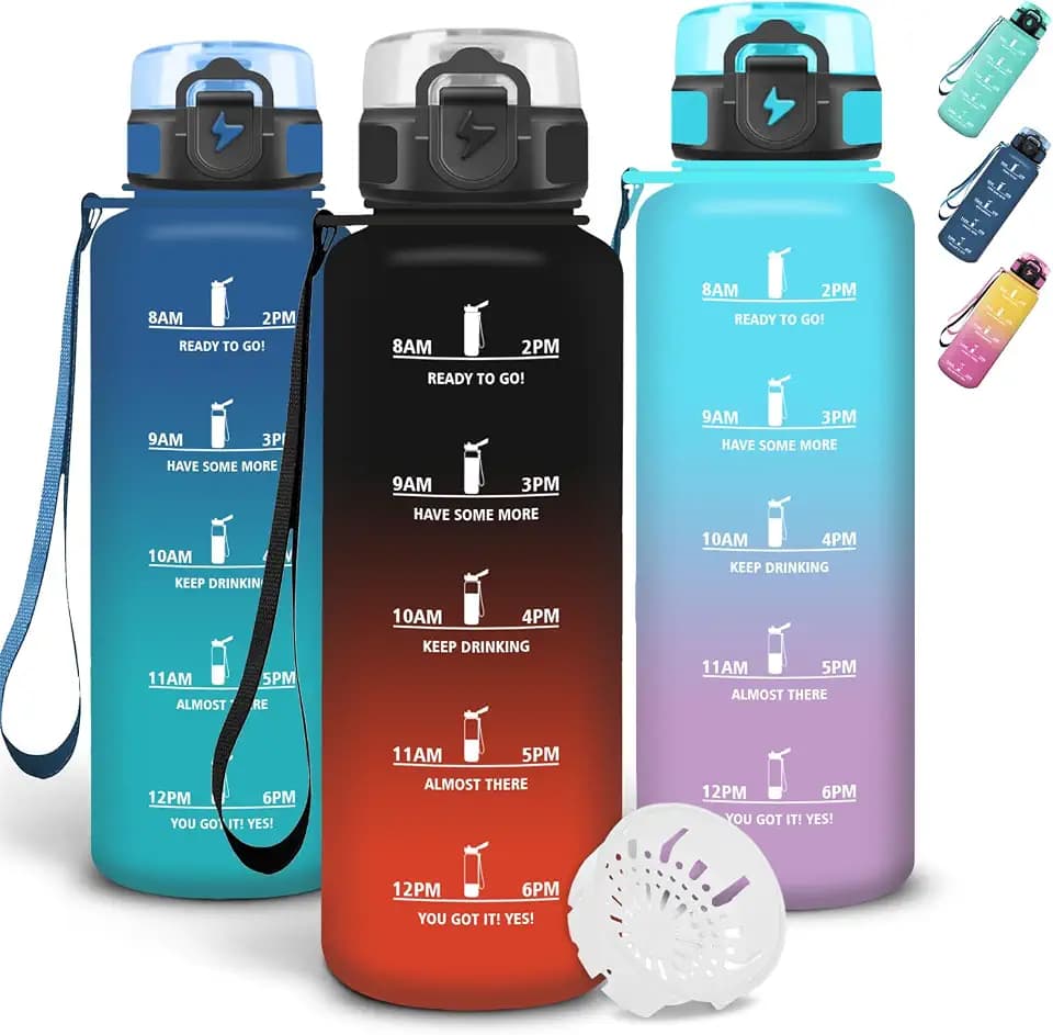 Grsta Trinkflasche 1l, Wasserflasche mit Sichere Verriegelung, Mit Zeitmarkierung und Schnürung, Trinkflasche Sport, Auslaufsichere Flasche mit Filter für Reisen, Radfahren, Arbeit
