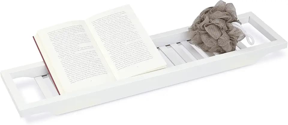 Relaxdays Badewannenablage aus Bambus, Badewannenbrett, Tablett für Badewanne, HxBxT: 4 x 65 x 15 cm, weiß lackiert