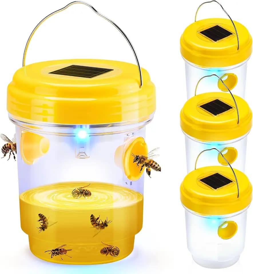 Wasp Traps Outdoor Hanging, Solar Wasp Trap for Hunting Wasps, Bees, Hornets, Insects, Carpenter Bee Traps for Outside, Reusable Wasp Traps, Bee Killer and Wasp Catcher for Outside 4 Pack