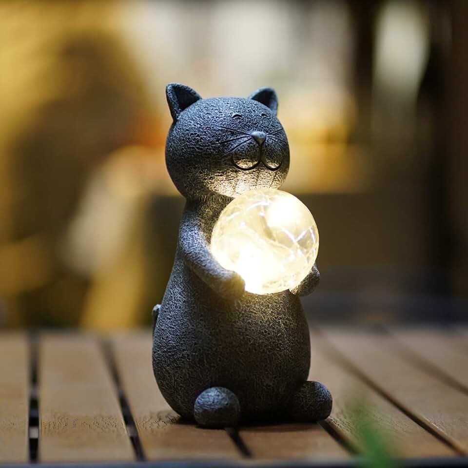 Yeomoo Solar Katze Gartenfigur Deko mit LED-Glaskugel Gartendeko für Aussen