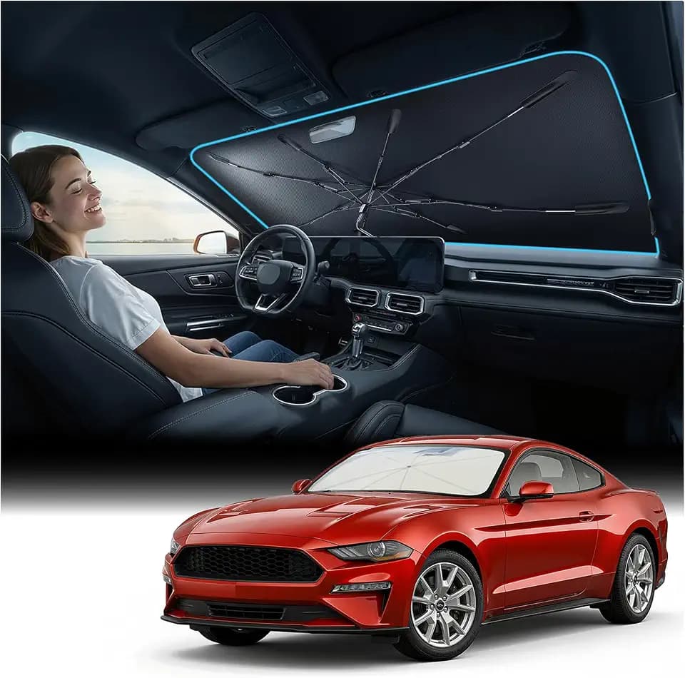 Nmoiss Windshield Sun Shade Umbrella [Vinyl Coating Heat Shield] for Ford Mustang 2005-2026 Accessories, Protect Car from Sun Rays & Heat Damage Keep Cool and Protect Interior
