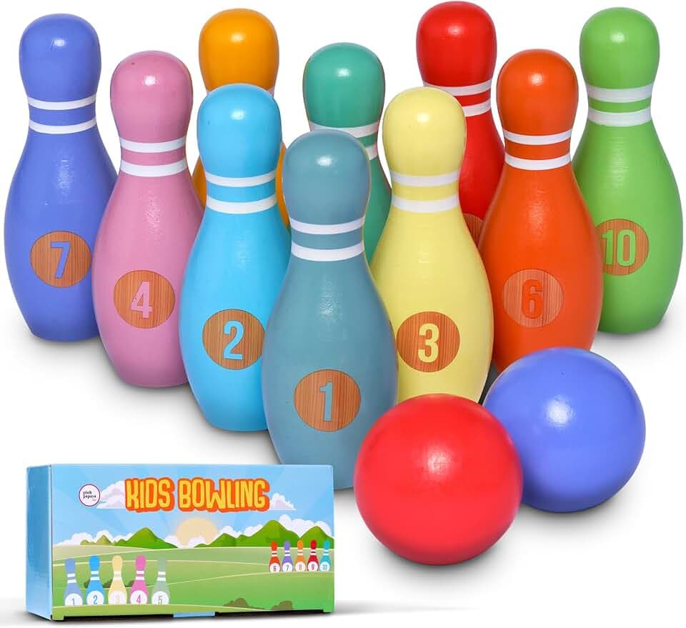Pink Papaya Kegelspiel für Kinder - 12 teiliges Bowling Set, Outdoor & Indoor Spielzeug aus FSC-zertifiziertem Holz, schult & fördert Ihr Kind