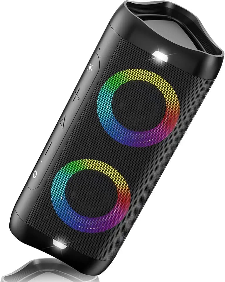 DONOW Bluetooth Lautsprecher mit Licht, 30W Stereo Sound, Musikbox Bluetooth Box mit IPX5 wasserdicht, Dualen Bass-Treibern, 20h Akku für Zuhause, Draußen(Schwarz)