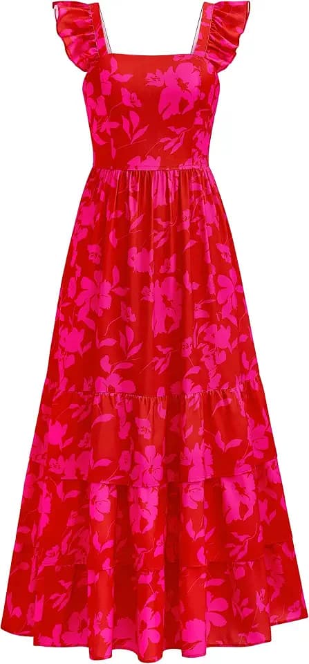 dowerme Women Summer Ruffle Straps Smocked A-Line Boho Floral Maxi Dress