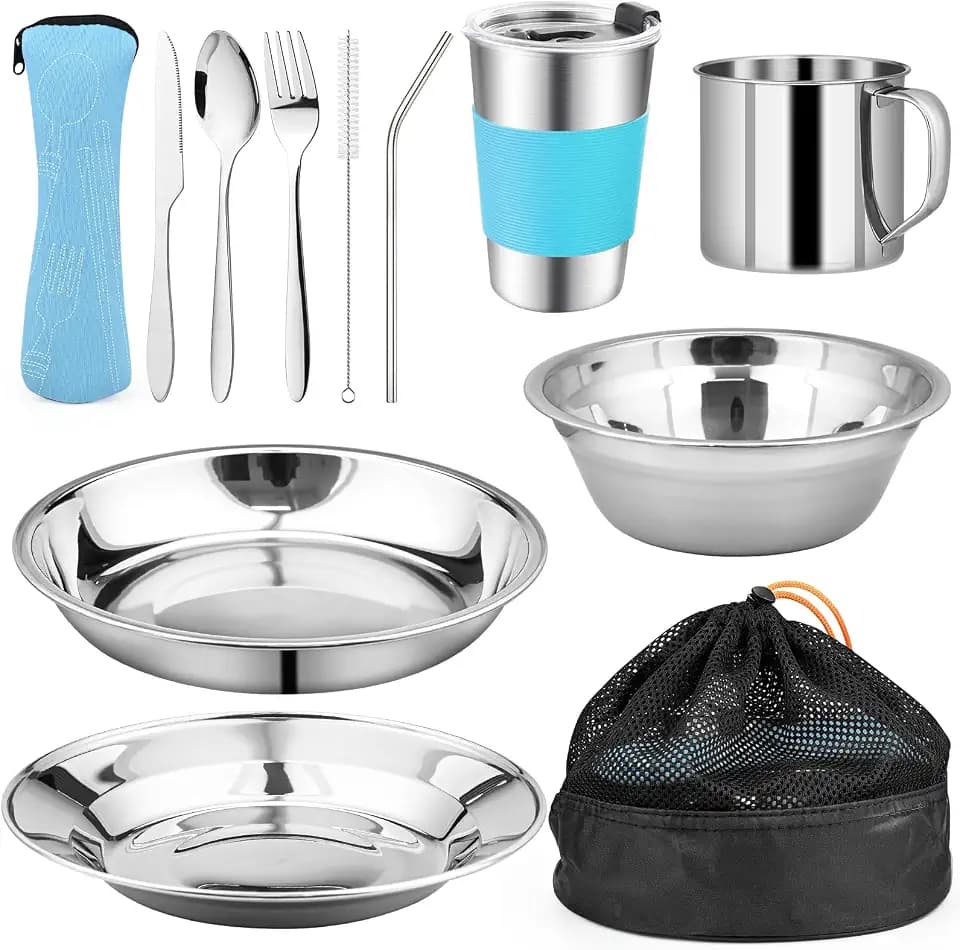 Campingbesteck Set, 10 Stück Edelstahl Besteck mit Teller, Schüssel,Tasse,Gabel, Löffel und Bestecktasche,Aufbewahrungstasche, Leicht für Camping, Wandern und Picknicks