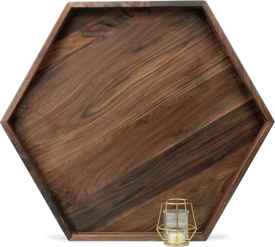 26"x 22" Large Hexagonal Black Walnut Wood Ottoman Serving Tray