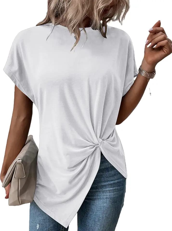 Remidoo Asymmetrical Tops for Women Twist Front Top Short Sleeve T Shirts