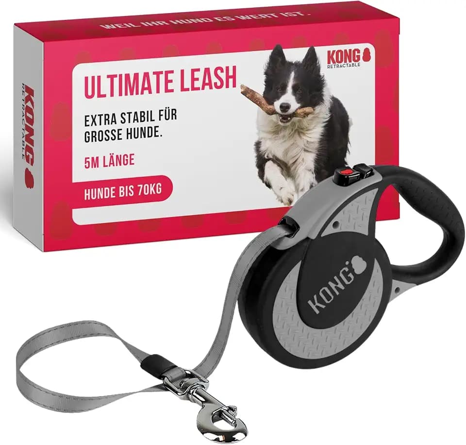 KONG Rollleine in 5m Länge I Hundeleine für große Starke Hunde bis 70kg I Größe XL I Lange Hundeleine mit Break & Lock System in grau I Komfortable Hunde Leine mit Softgriff & reflektierendem Gurt