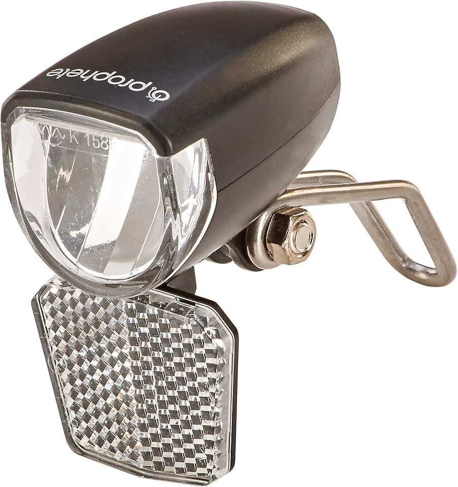 Prophete Fahrrad LED-Scheinwerfer – 15 Lux, mit EIN-/Ausschalter & abnehmbarem Reflektor – Für Naben-, Seitendynamo & E-Bikes (6V) – StVZO zugelassen – Kompakter Scheinwerfer mit Nirosta-Halter