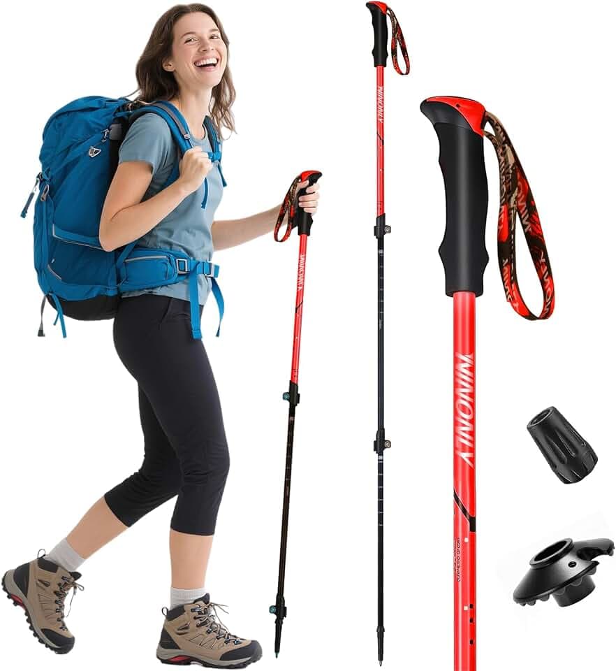 Ninonly Wanderstöcke faltbar Carbon, 1 Stück Nordic Walking Stöcke Damen & Herren, Leichte Teleskop Wanderstöcke mit Eva-Griff & 3 Spitzen, 150kg Tragkraft für Wanderungen, Trekking, Bergsport