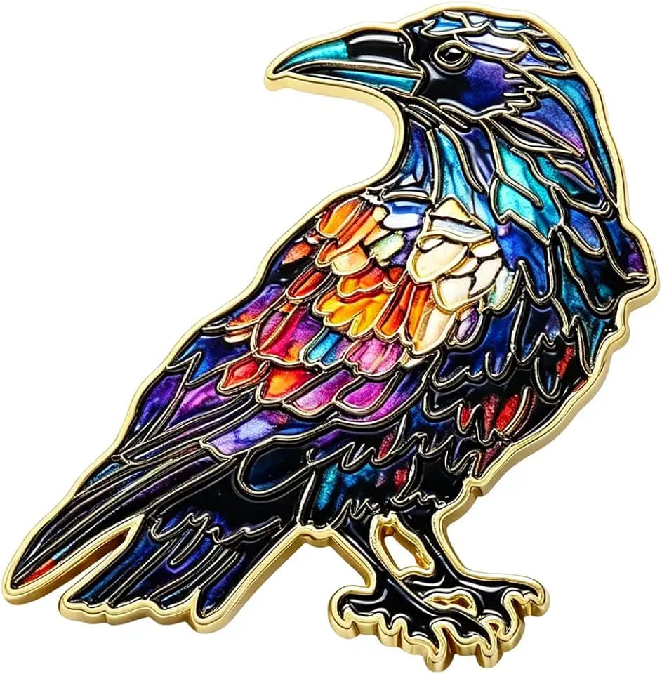 Stained Raven Enamel Pin Halloween Crow Brooch Colorful Gothic Bird Lapel Pin Dark Aesthetic Gold Plated Animal Badge Backpacks Jackets Hats Spooky Hard Party Accessory Costume Decoration Gift