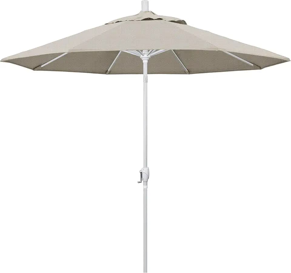 California Umbrella 9' Round Aluminum Market Umbrella, Crank Lift, Push Button Tilt, White Pole, Woven Granite Olefin