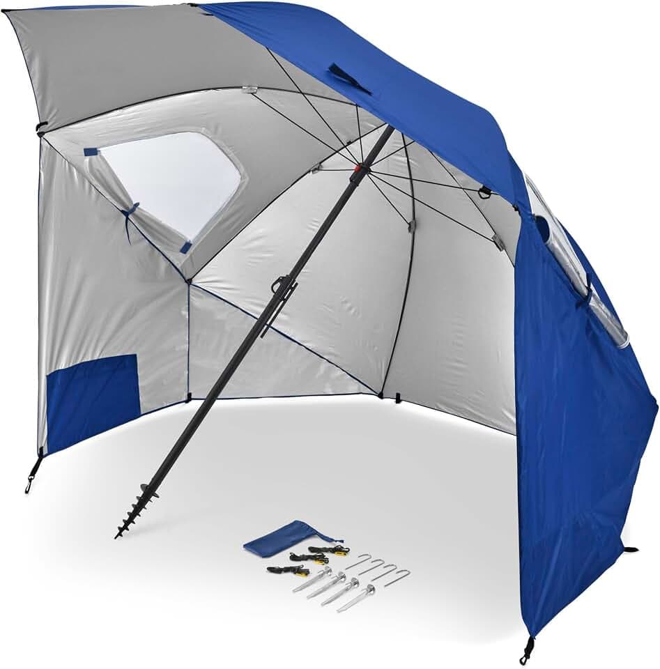 Sport-Brella Premiere XL UPF 50+ Umbrella Shelter with Patented Side Panels, Heavy-Duty 1.25 Inch Center Pole, Auger Anchor for Sand and Grass, 9 Foot Canopy, Coastal Blue