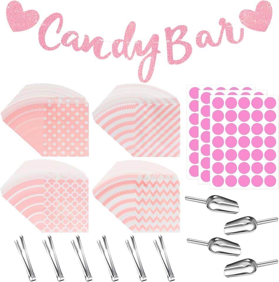 YeahBoom 114 Stück Candy Bar Zubehör Set,Enthält 100 Stück Candy Bar Tüten 3 Sticker 6 Zuckerzange 4 Schaufeln und 1 Candy Bar Deko Girlande,Candy Bar Deko Set für Candy Bar Hochzeit Geburtstage Party