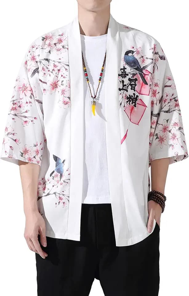 Men's Kimono Jacket Lightweight 3/4 Sleeve Kimono Cardigan Japanese Robe