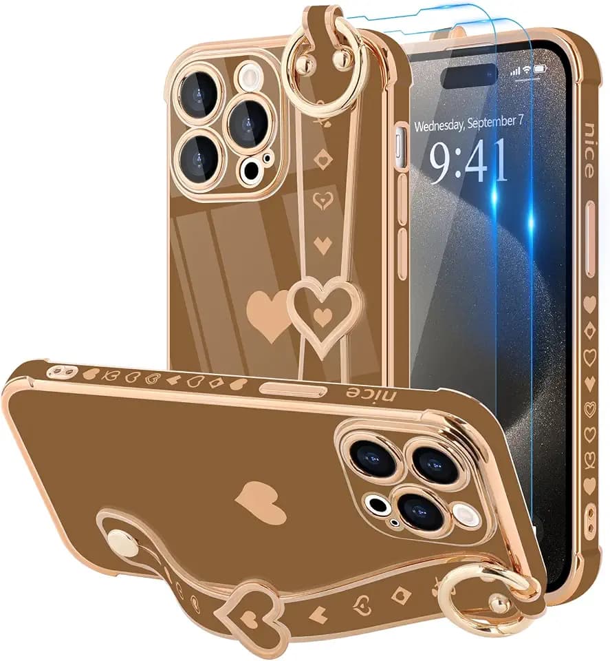 LLZ.COQUE for iPhone 15 Pro Max Case with Strap Stand, Brown