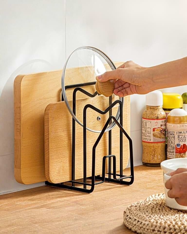 LINFIDITE Metall Schneidebrett-Rack,Schneidebrett-Organiser Ständer Halter Topfpfannendeckel-Halter für Küchenarbeitsplatte, 12.5x14.5x21.5cm, Schwarz