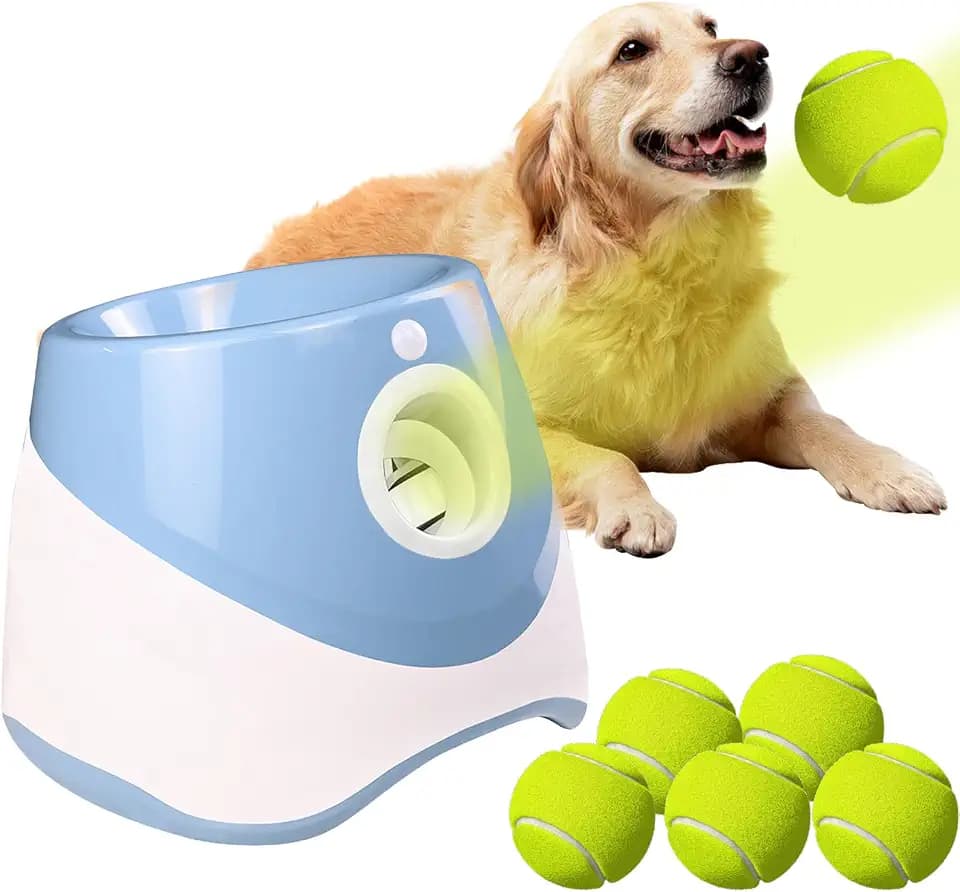 Ballwurfmaschine für Hunde, Ballmaschine Hund mit 6 Tennisbälle, Ballwurfmaschine Hund mit 3 Distanzstufen (3-9M), Interaktive Ballmaschine für Kleine und Mittlere Hunde