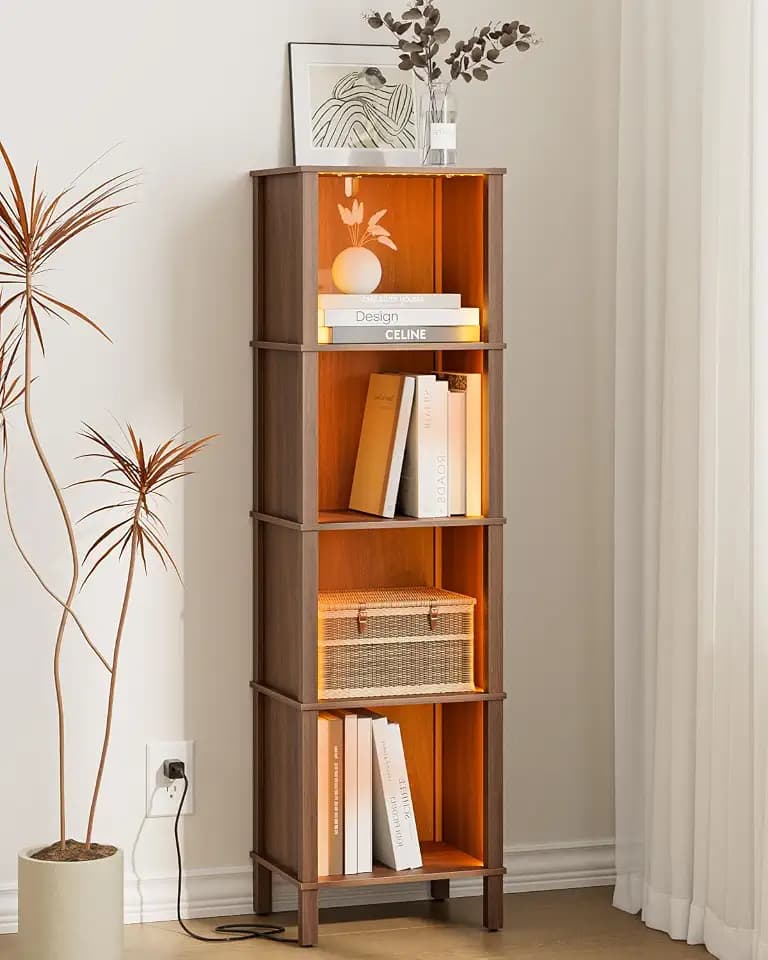 Bücherregal mit 4 Ebenen, LED-Beleuchtung, Bücherschrank, Eckregal, Aufbewahrungsregal für Wohnzimmer, Büro und Schlafzimmer, Nussbaum