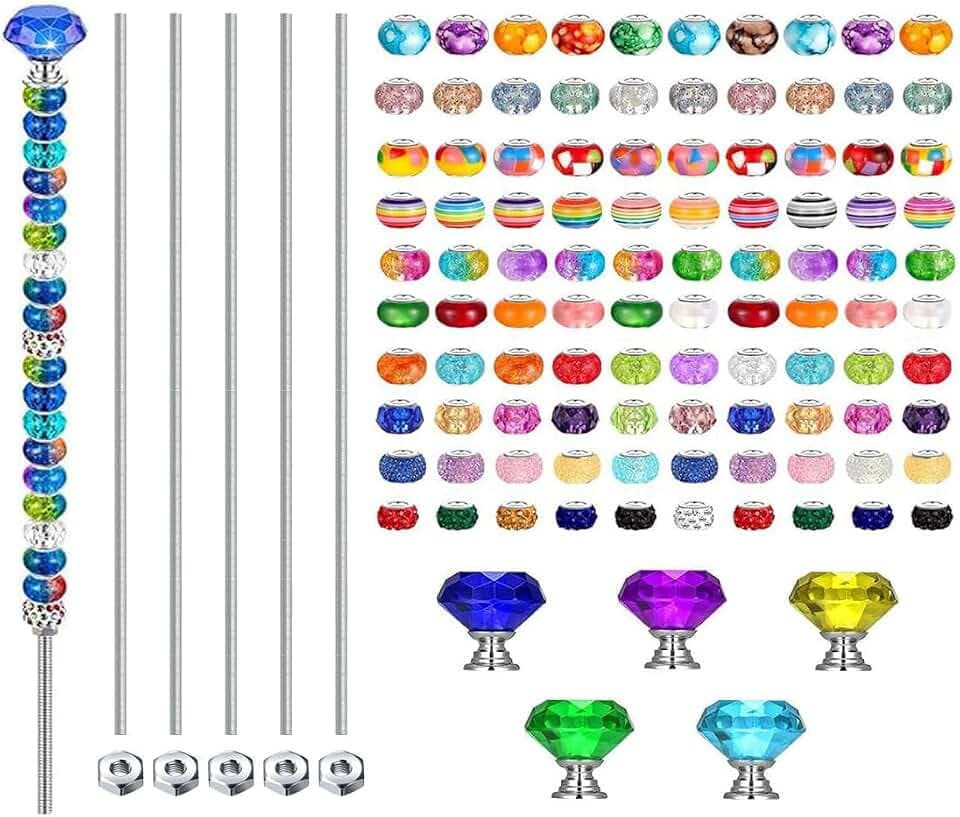 118Pcs DIY Fairy Wand Garden Stakes Kit, BetterJonny Garden Stake Decorative with 6 Colorful Crystal Stopper Top 6 Threaded Rod with 100 Large Hole Bead for Garden Outdoor Decorative