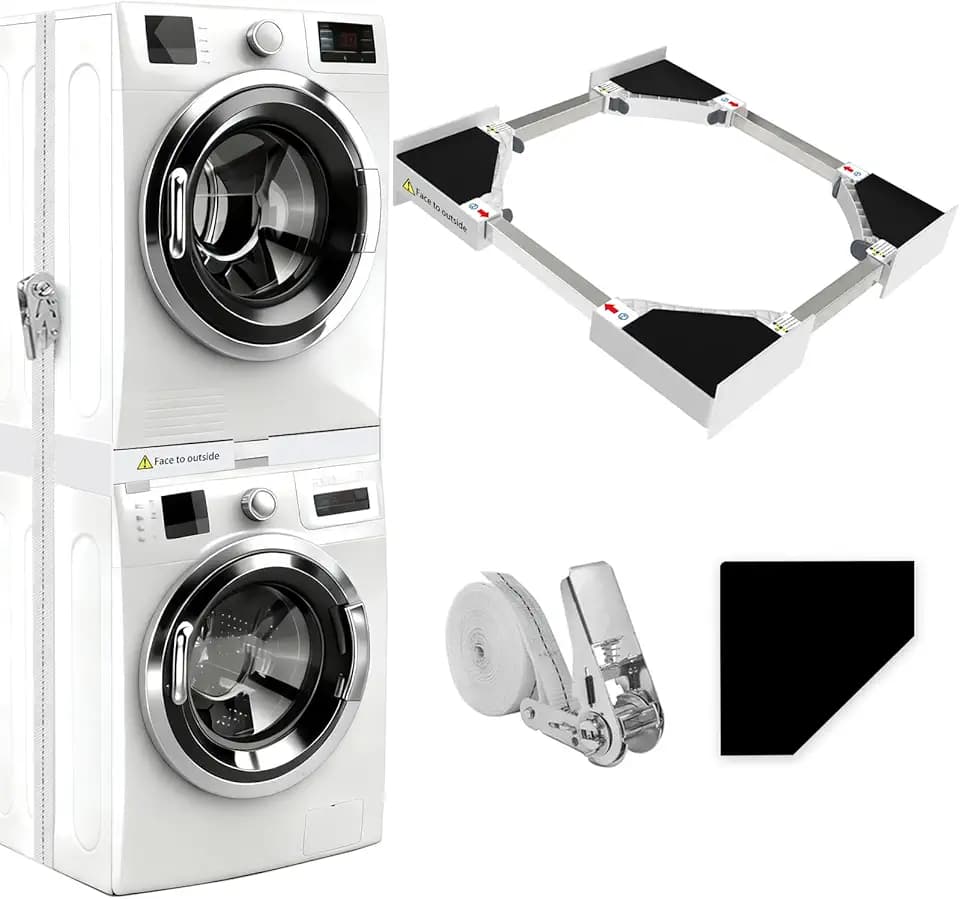 NIUXX Universal Stapelbausatz für Waschmaschine und Wäschetrockner | Waschmaschinenzubehör/Trocknerzubehör, mit Ratschenseil, Einstellbare Größe（46-66cm）