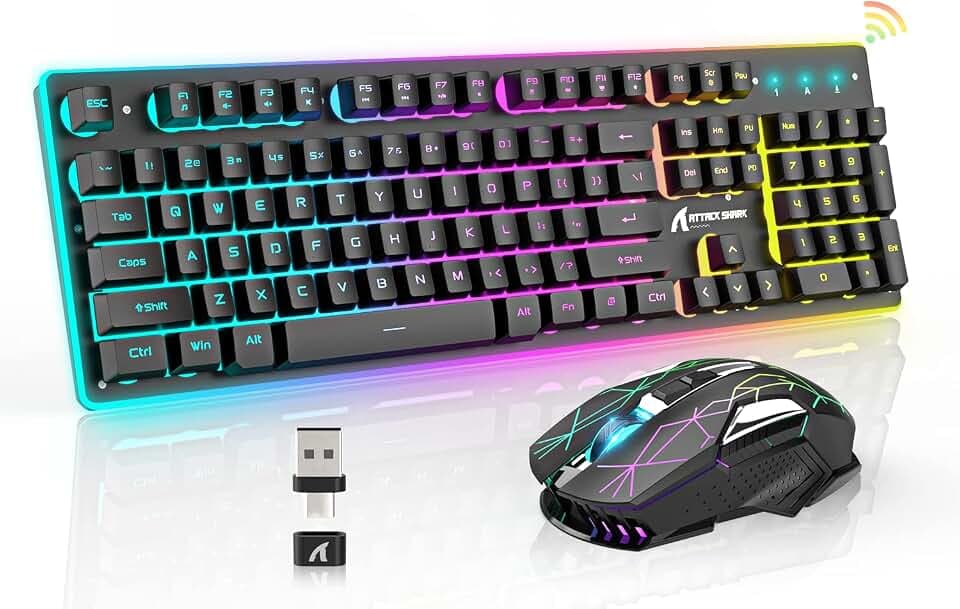 A.Jazz Wireless Gaming Keyboard and Mouse Combo,Full Size 12 RGB Chroma Backlit Keyboard,Rechargeable 4200mAh Mechanical Feel USB/Type-C Dual Receiver Silent Mice,for PC,Mac,Laptop,PS4,Xbox,Black