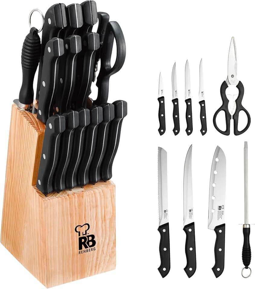 RENBERG Tenessy | Küchenmesser | 15-teiliges Komplettset mit Holzgriff | Perfekt zum Schneiden aller Arten von Zutaten | Profiküche | Hergestellt aus Edelstahl