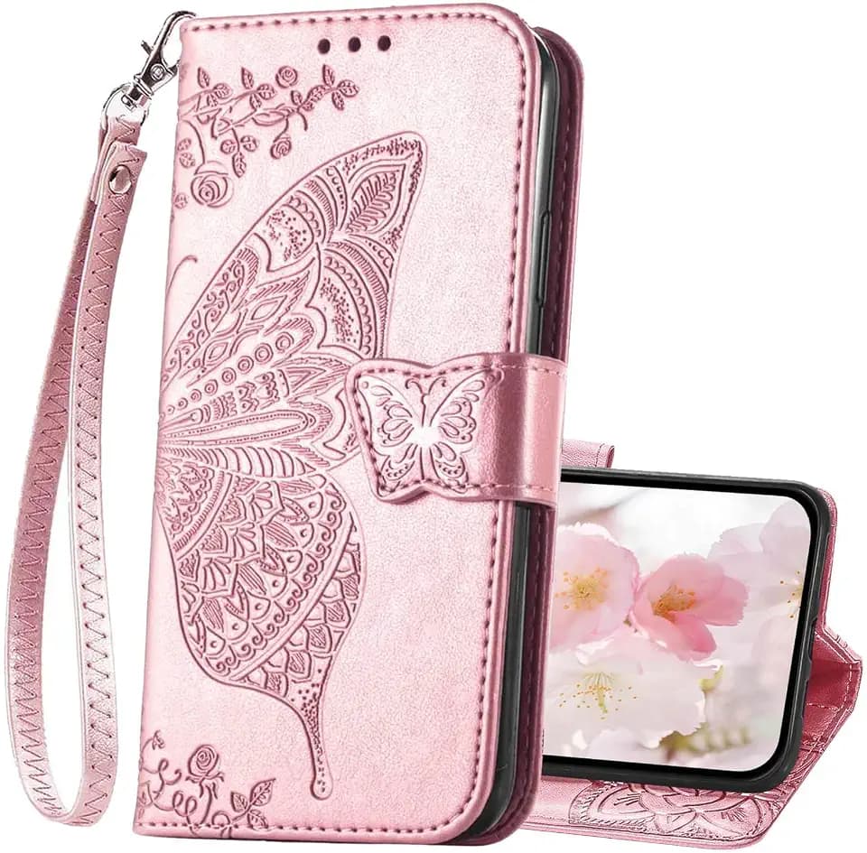 for iPhone 16 Wallet Case for Women,Butterfly Flip Cover,Rose Gold