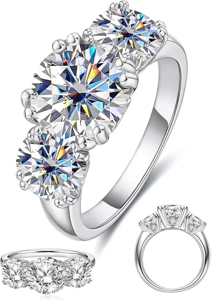 4 Carat Moissanite Rings for Women, Three Stone Moissanite Engagement Ring 14K White Gold Plated Promise Ring for Her, Round Brilliant Cut Anniversary Wedding Ring Trilogy Jewelry, D Color VVS1