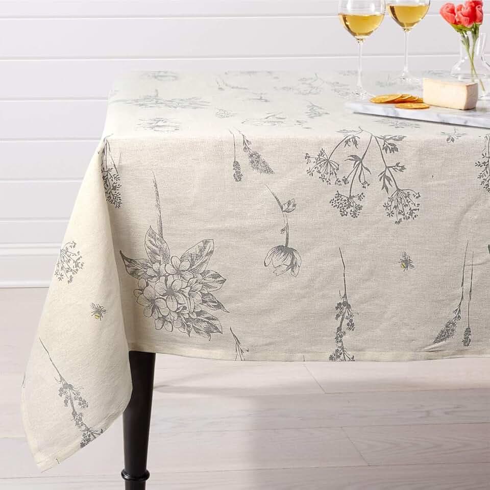 ColorBird Summer Floral Beige Cotton Linen Rectangle Tablecloth Rustic Garden Natural Decorative Table Cover for Kitchen Dining Summer Picnic Indoor Outdoor Use (Rectangle/Oblong, 55" x 86", Linen)