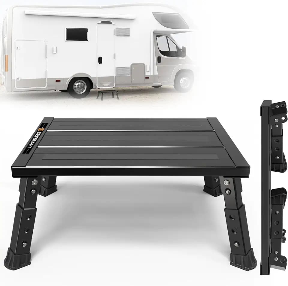 Adjustable RV Step Stool, Wide Platform, Foldable Legs, Black