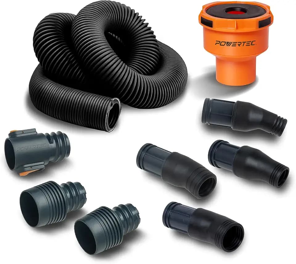 POWERTEC 70512 10 Ft. Vacuum Hose Dust Collection Kit w/ 4 Quick Change Fittings, Tapered Reducers and Quick Connect Dust Port Adapter for Miter Saw, Track Saw, Jigsaw, Orbital Sanders, Woodworking