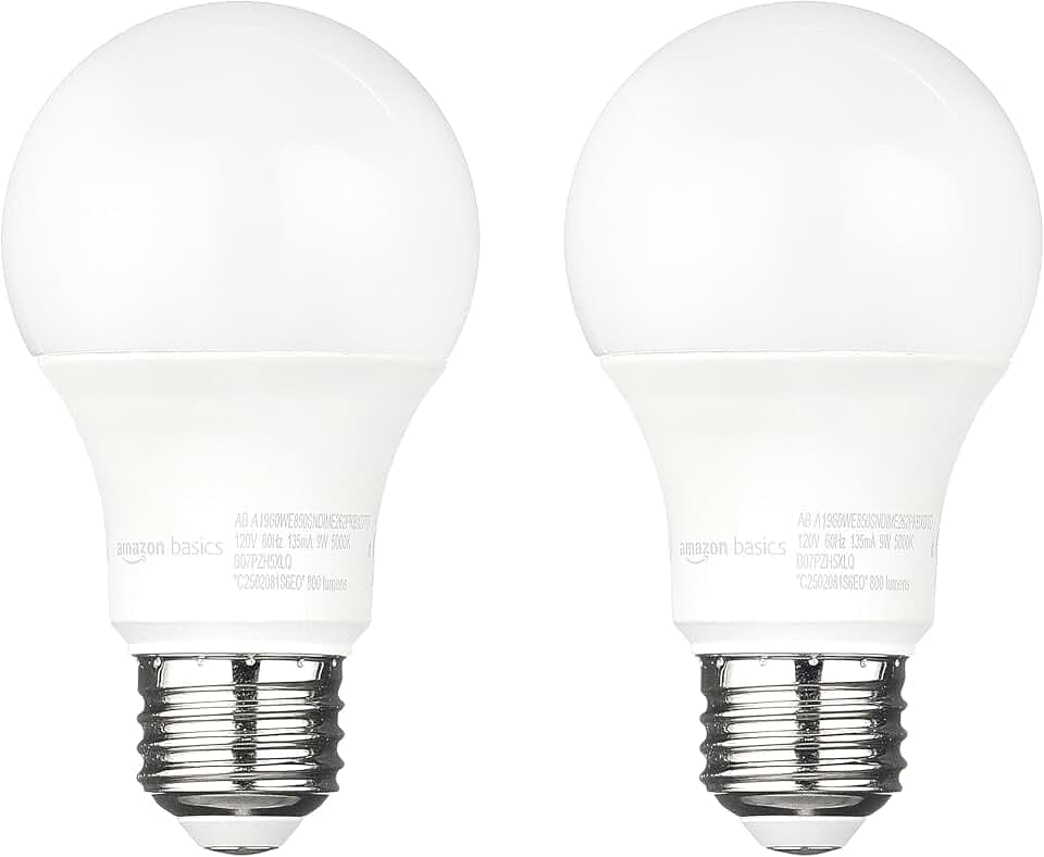 Amazon Basics A19 Dusk to Dawn Sensor LED Outdoor Light Bulbs, 60W Equivalent, Daylight 5000K, E26 Base, Auto On/Off, Porch, 10,000 Hours, 2-Pack