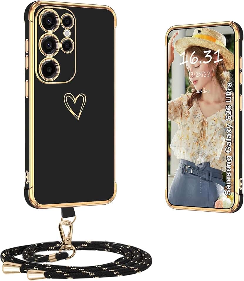 Hülle für Samsung Galaxy S26 Ultra 5G mit Band, Silikon Schutzhülle mit Love Herz Motiv und Integriertem Kordel Samsung Galaxy S26 Ultra 5G Handykette Case, Schwarz