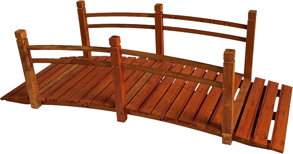 Relaxdays Garten Brücke, mit Geländer, Tannenholz, Gartenteich, HxBxT: 58 x 185 x 72 cm, 200 kg, Holzbrücke, orange