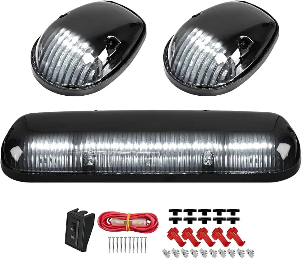 3pcs Smoke Lens/White 30 LED Cab Marker Lights Cab Roof Running Top Lights Assembly + Wire Pack Compatible with 2002-2007 Chevy Silverado/GMC Sierra 1500 1500HD 2500 2500HD 3500 Truck