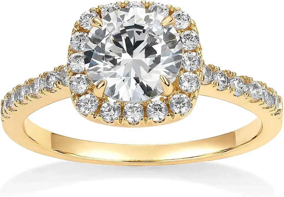 PAVOI 14K Gold Plated Square Halo Engagement Rings | Premium Cubic Zirconia Promise Eternity Ring for Women | Wedding Bands