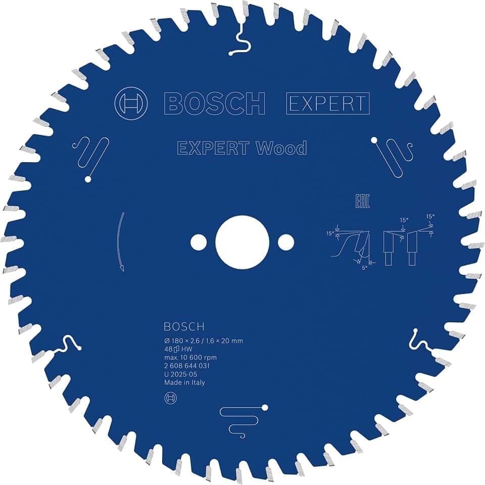 Bosch 1x EXPERT Wood Kreissägeblatt, 180x2,6/1,6x20 mm, Z48 | für Weichholz, Hartholz, Ø 180 mm, Professional Zubehör kabelgebundene Handkreissägen, Tauchsäge