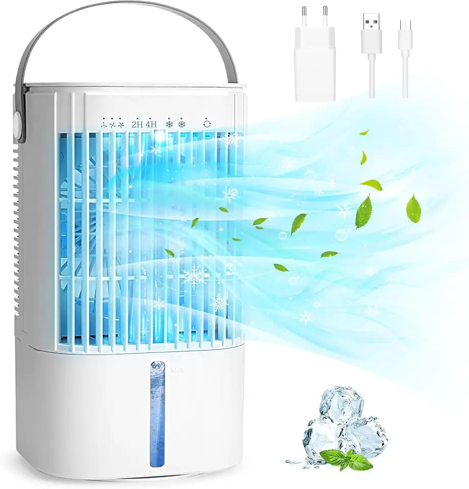 RenFox Mini Luftkühler, Mobile Klimaanlage, Tragbare 5 in 1 Klimagerät, USB Air Cooler, Verdunstungskühler Leise, 90° Oszillation, 1000ml Wassertank, 2/4 Timer, Ventilator für Küche, Büro, Weiß