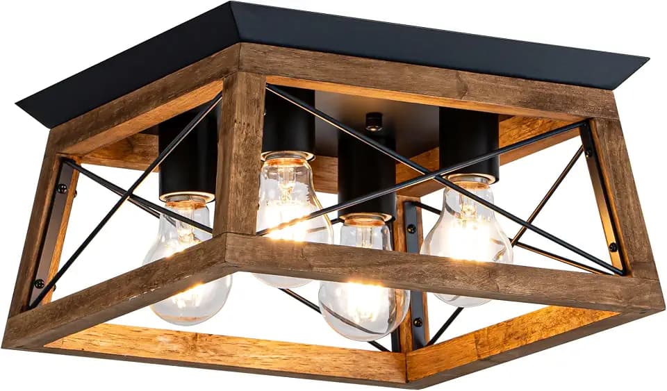 Farmhouse Light Fixture, 4-Light Rustic Ceiling Light, Trapeziform Wood Flush Mount Ceiling Light for Kitchen, Hallway, Entryway, Bedroom