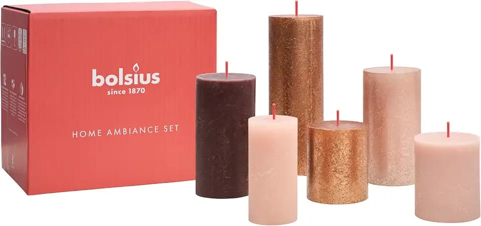 Bolsius Rustik Stumpenkerzen - Geschenk Set 6 Stück - Cosy Coppers - Dekorative Haushaltkerzen - Länge Brenndauer - Unparfümierte - Natürliches Pflanzenwachs - Ohne Palmöl
