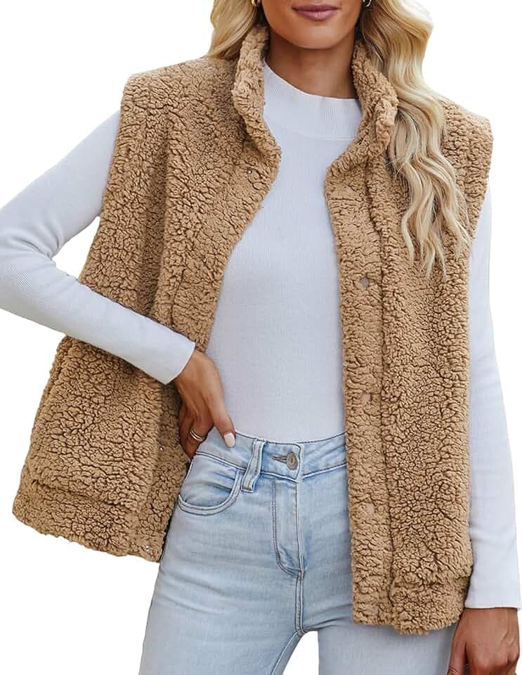 Maeau - Gilet Womens Fleece Body Warmer Plush Gilet Cardigan Waistcoat Gilet Soft Solid Color Sleeveless Jacket Vest Pocket Fall Winter Button Coat (S-XXL)