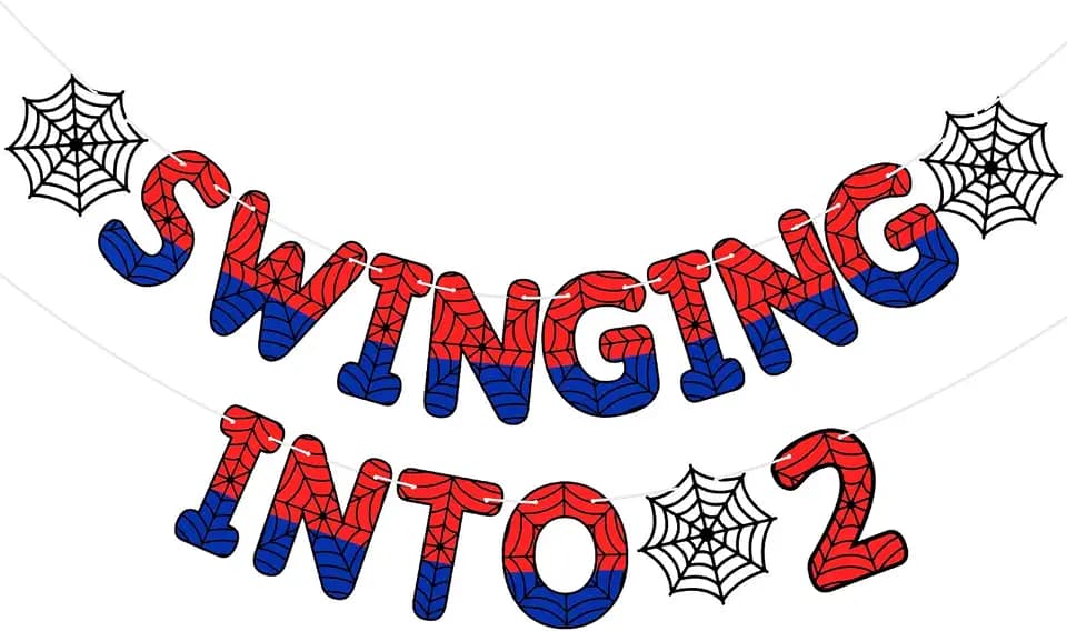TaoBary Spider Theme 2nd Birthday Banner Swinging into 2,Red and Blue